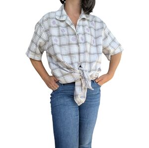 22W/24W Vintage 90s Plaid Embroidered Button-Up Shirt Boho Western Cottagecore